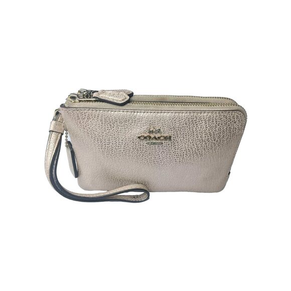 COACH Double Corner Zip Wristlet In Pebble Leather~Light Gold/platinum MSRP $85 - Picture 2 of 10